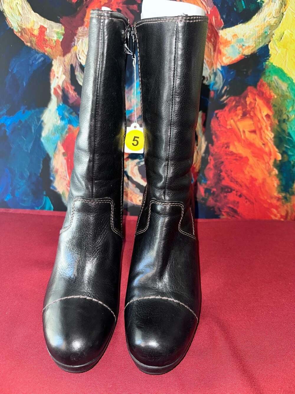 No.05 Nicole Black Leather Mid-Calf Heeled Boots with Zipper and Cap Toe